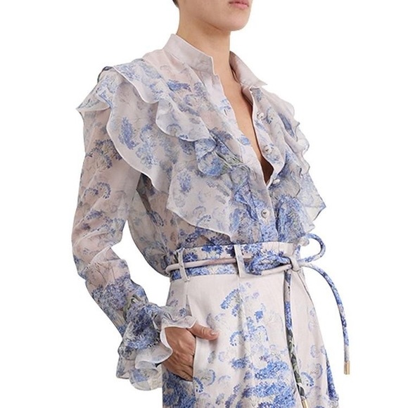 ⭕️ SOLD ⭕️ ZIMMERMANN LUMINOUS RUFFLE SILK BLOUSE - CORNFLOWER PRINT - Picture 2 of 6